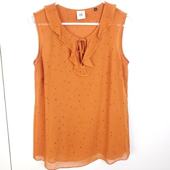 Cabi Top Womens Small Ruffle Keyhole Neck Orange Dotted Semi Sheer Shell Blouse - Picture 1 of 9
